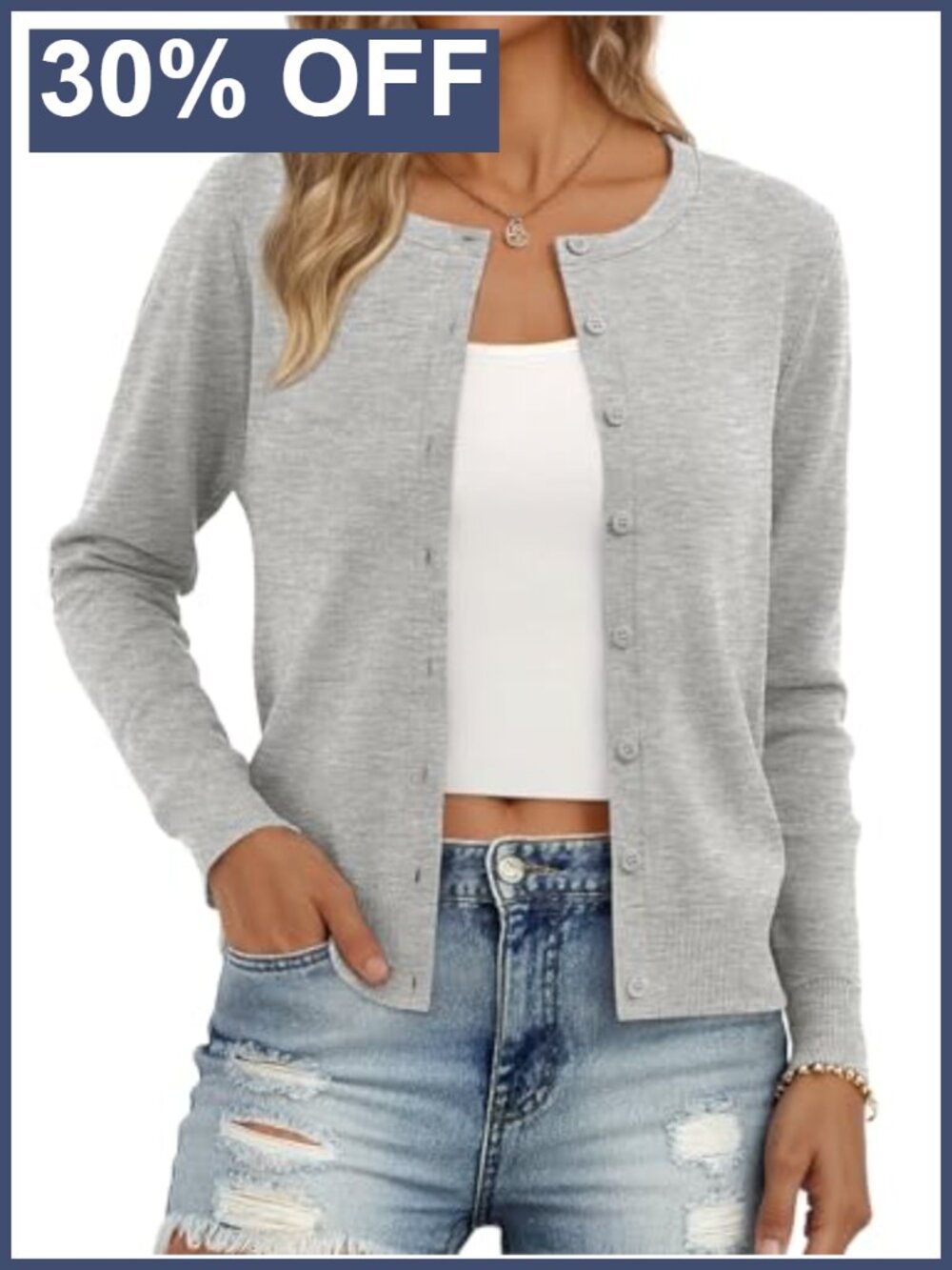Women's Lightweight Knit Button Cardigan Crew Neck Long Sleeve